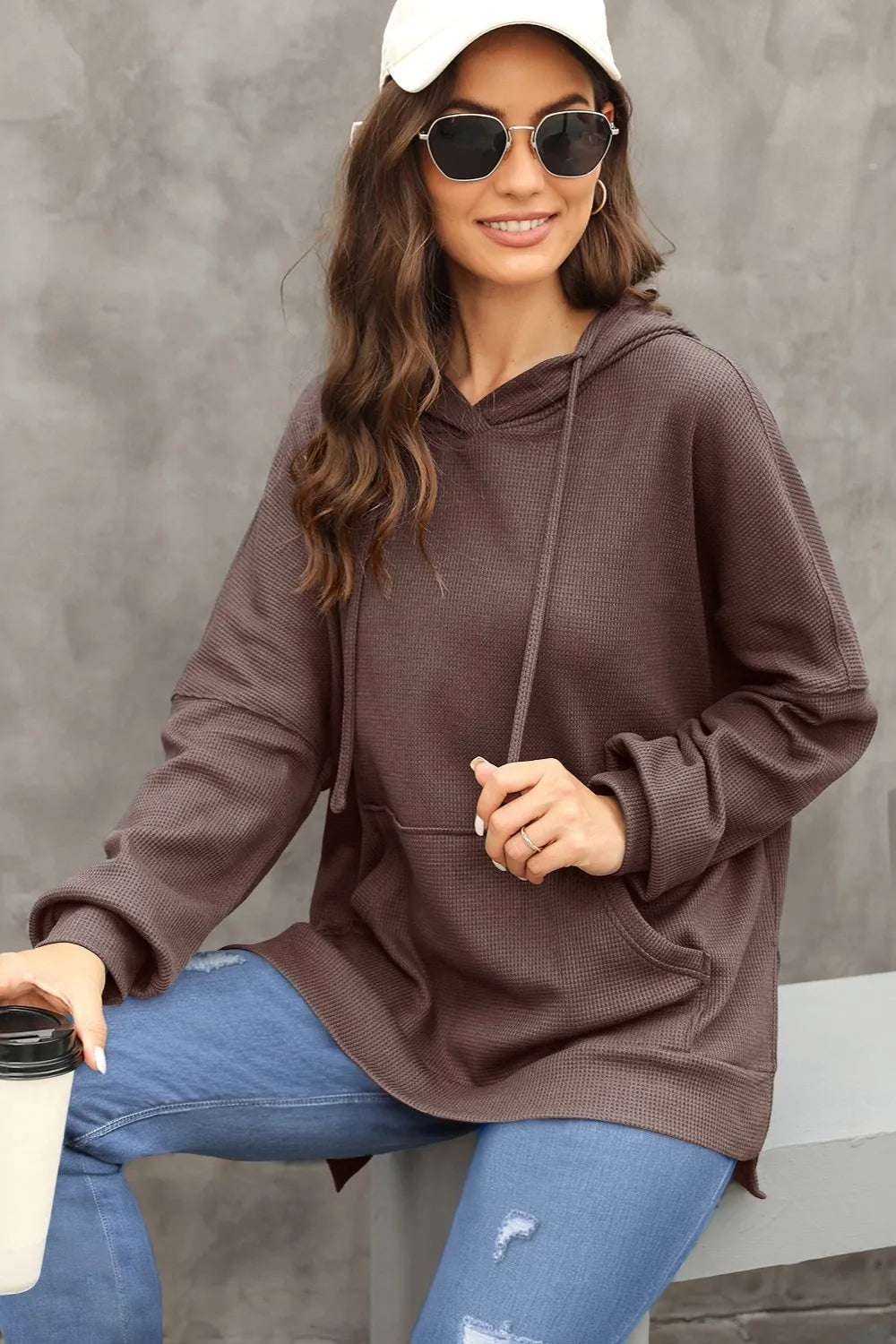 Waffle-knit Long Sleeve Hoodie (9)