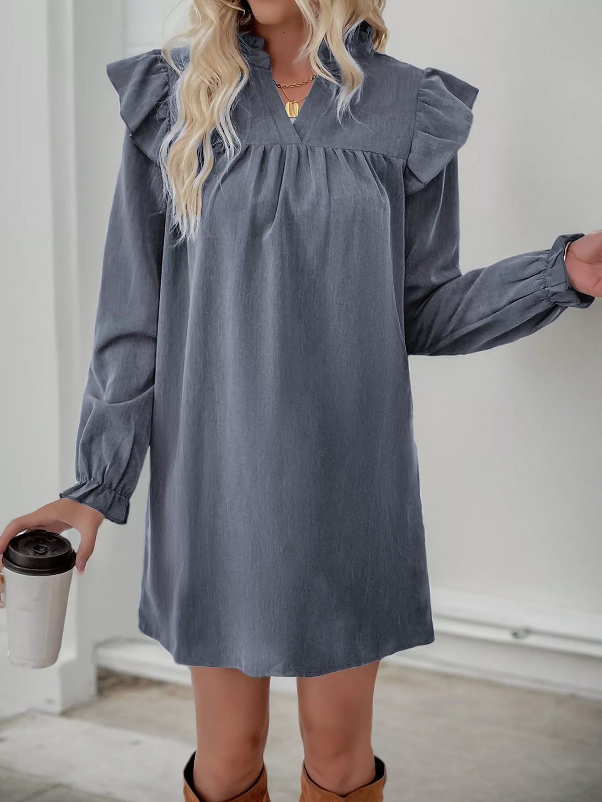 Ruffled Notched Long Sleeve Dress (22)