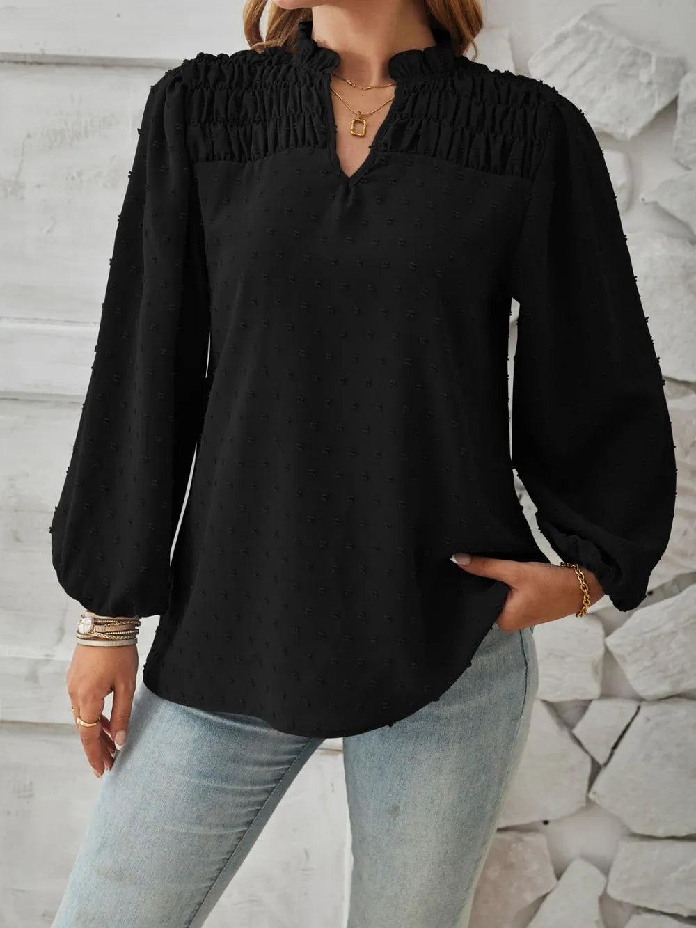 Ruched Swiss Dot Notched Balloon Sleeve T-shirt (17)
