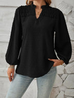 Ruched Swiss Dot Notched Balloon Sleeve T-shirt (17)