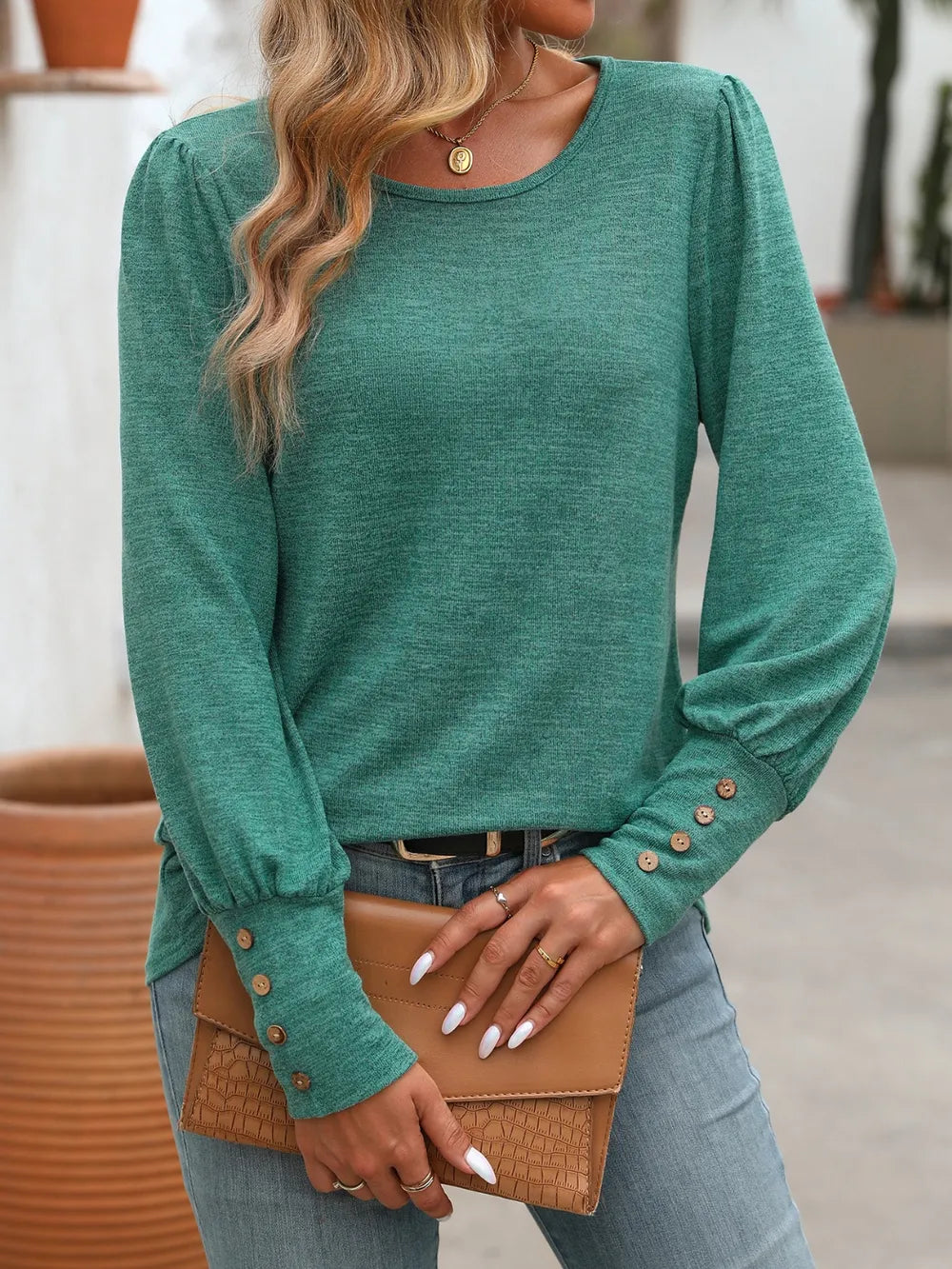 Decorative Button Round Neck Long Sleeve T-shirt (7)