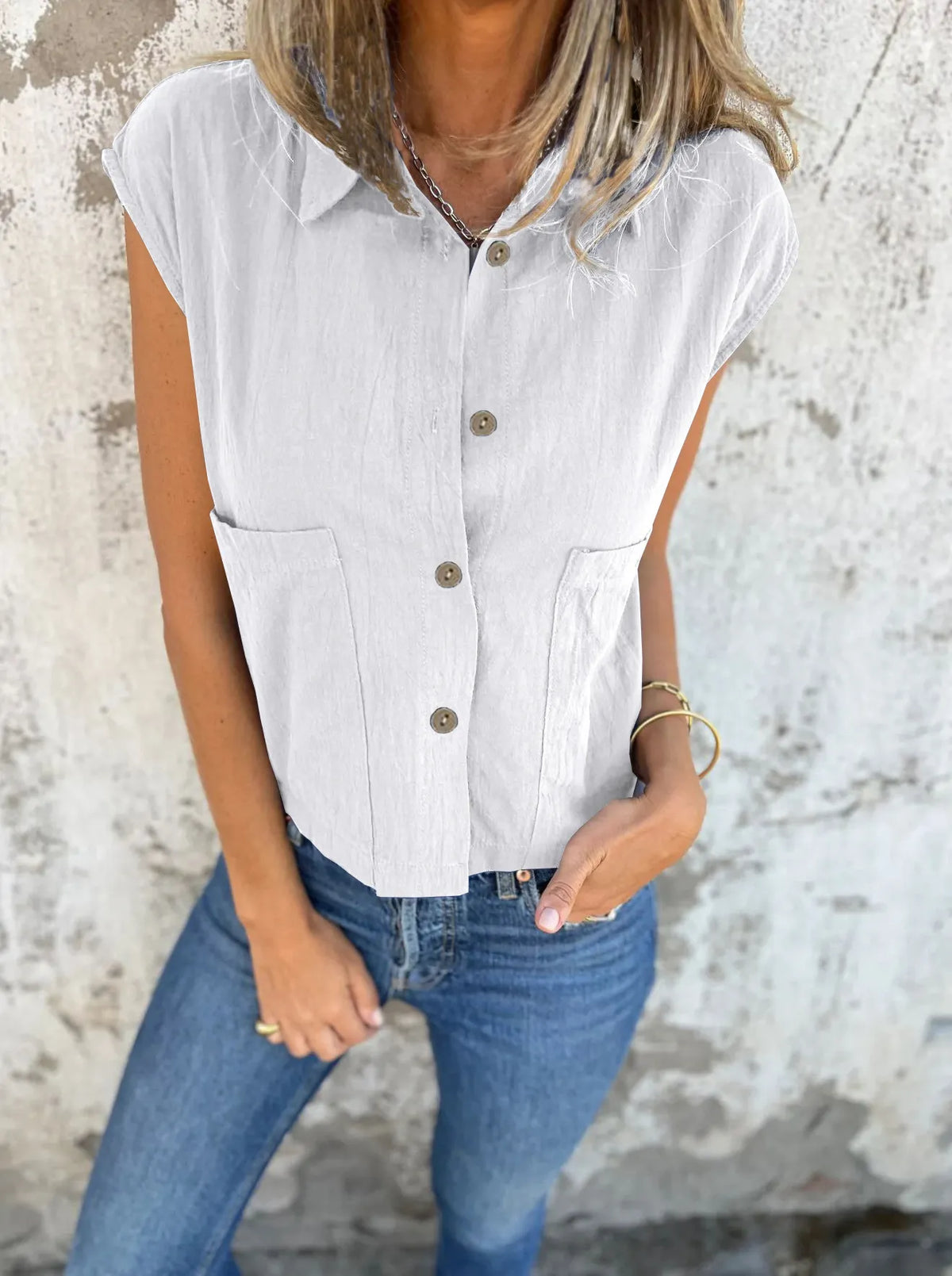 Full Size Button Down Cap Sleeve Linen Shirt Plus (16)