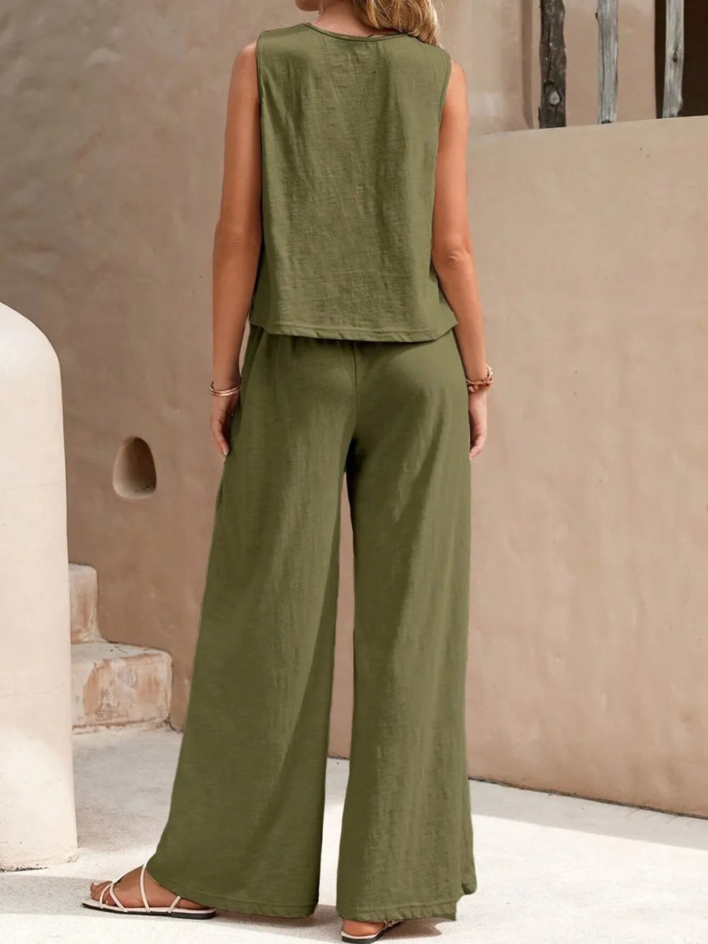 Round Neck Sleeveless Top Wide Leg Pants Set (11)