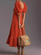 Textured Sweetheart Neck Short Sleeve Dress (20)