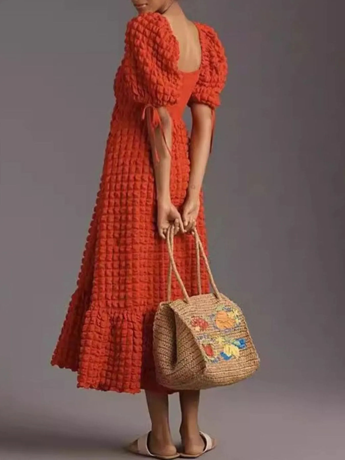 Textured Sweetheart Neck Short Sleeve Dress (20)