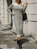 Striped Round Neck Long Sleeve Dress (5)