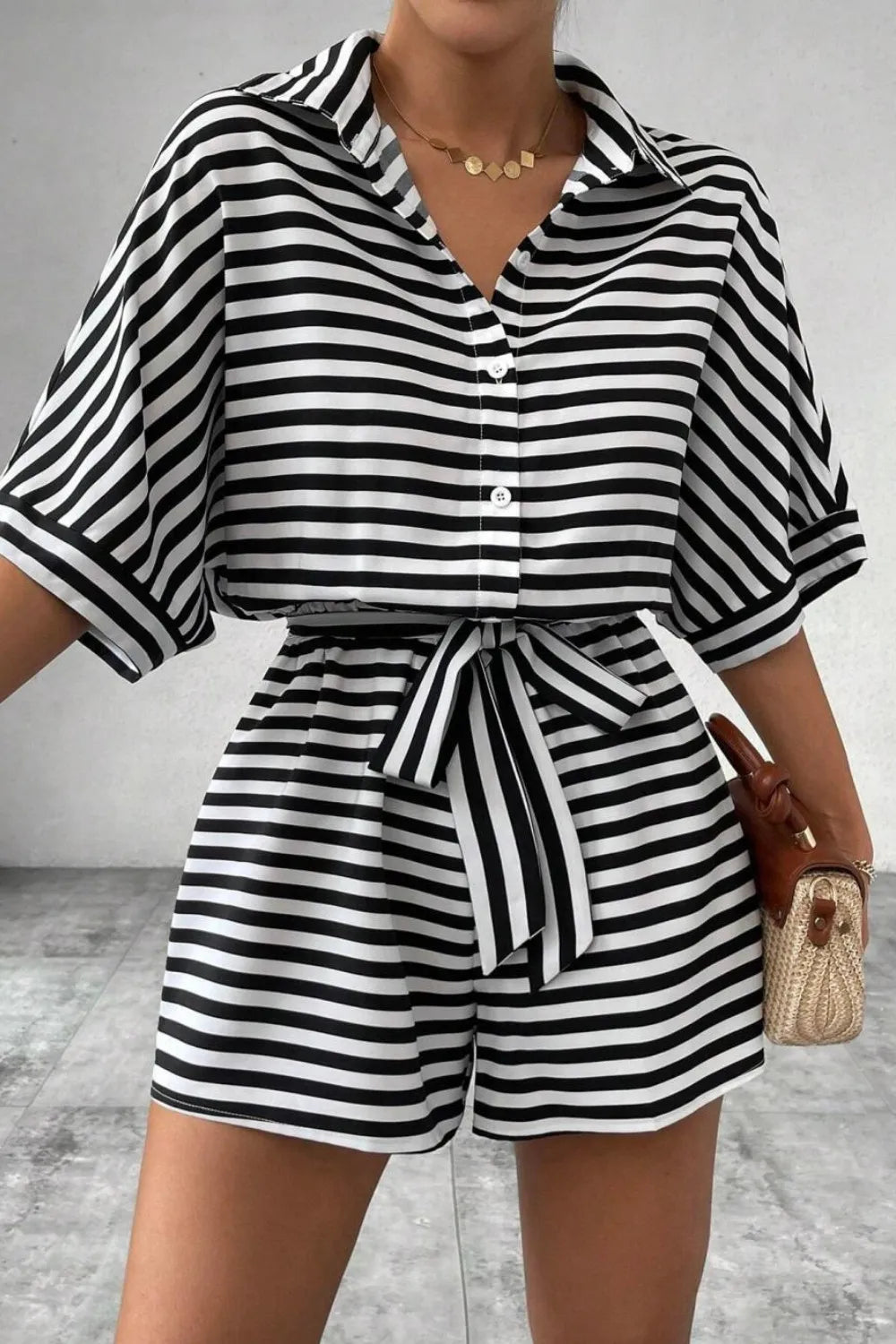Striped Collared Neck Tie Waist Romper (10)