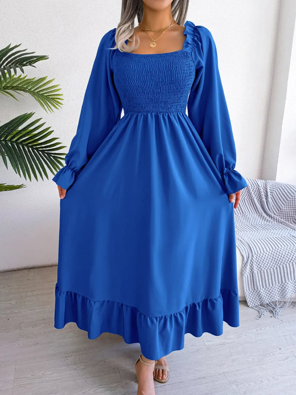 Smocked Square Neck Flounce Sleeve Dress (27)
