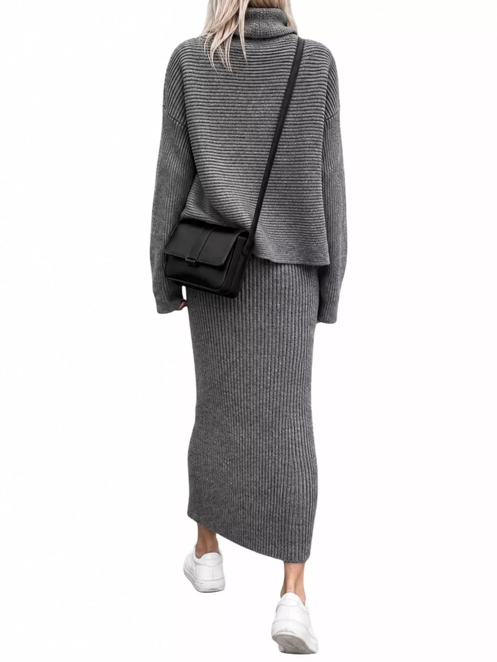 Ribbed Turtleneck Sweater Set Matching Midi Skirt (3)