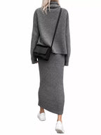Ribbed Turtleneck Sweater Set Matching Midi Skirt (3)
