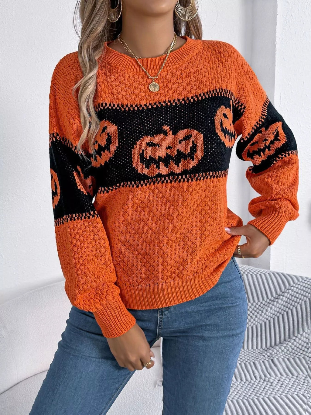 Halloween Pumpkin Pattern Round Neck Sweater (3)