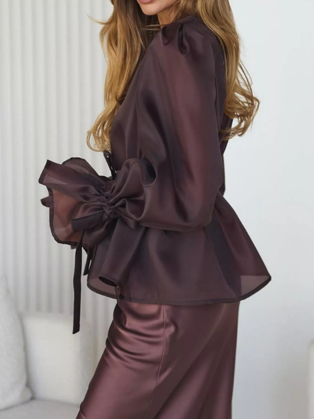 Flounce Sleeve Blouse Satin Midi Skirt Two-piece Set (6)