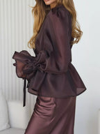 Flounce Sleeve Blouse Satin Midi Skirt Two-piece Set (6)