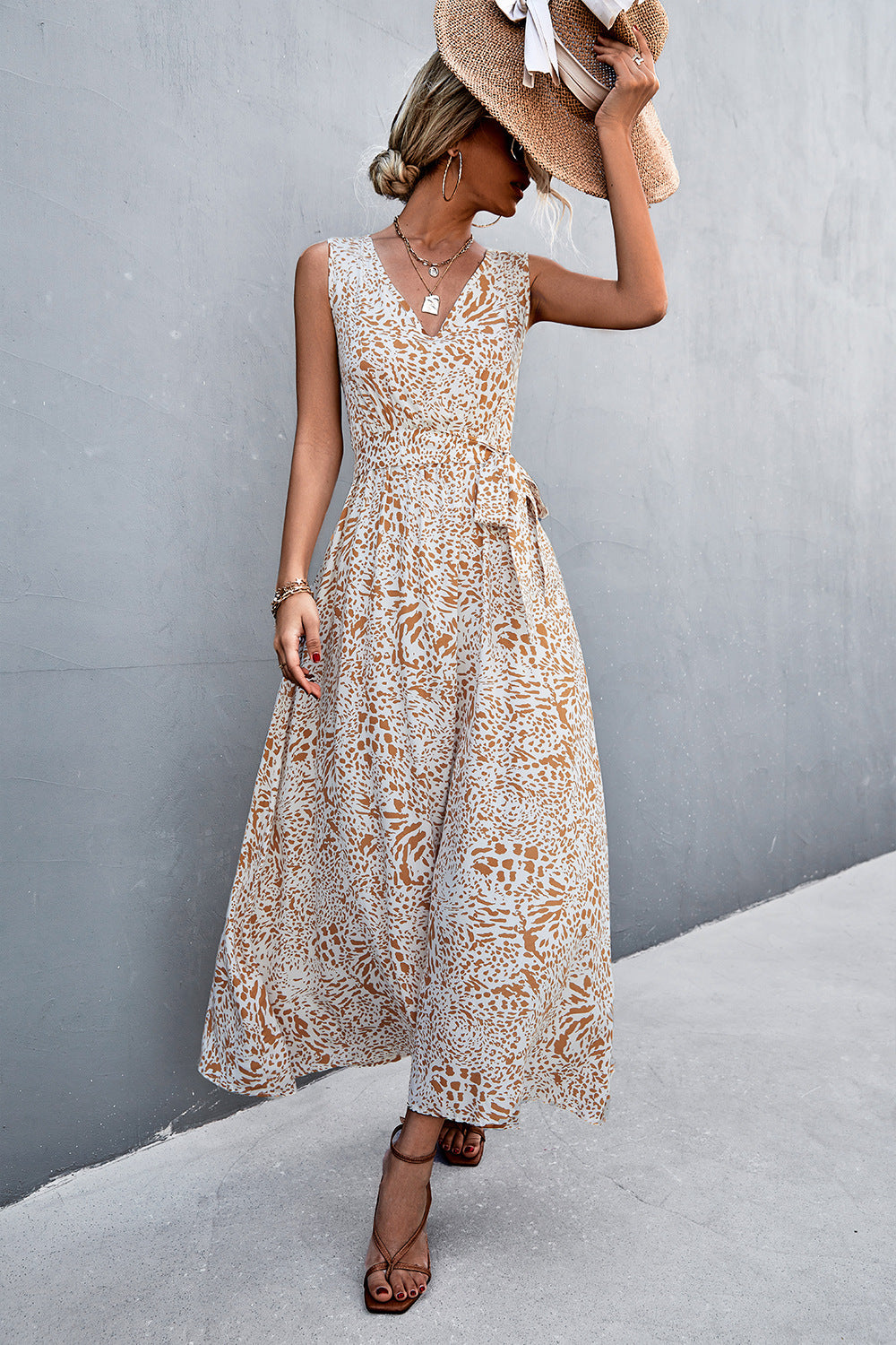 Printed V-neck Tie Waist Maxi Dress (14)