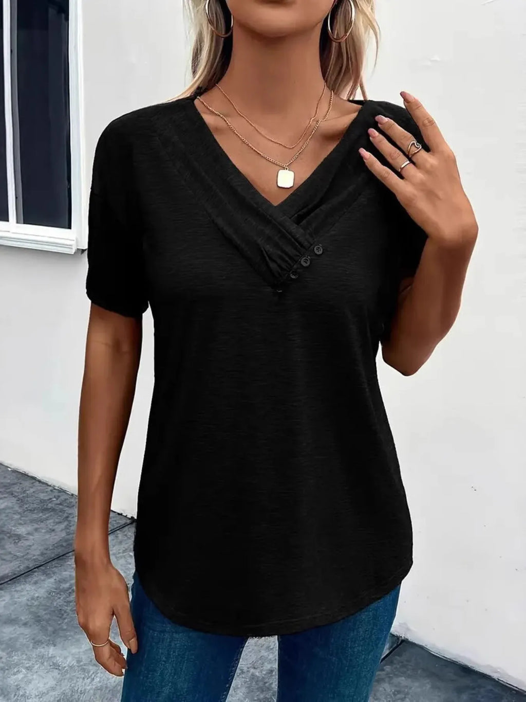 Short Sleeve V-neck Ruched T-shirt (3)