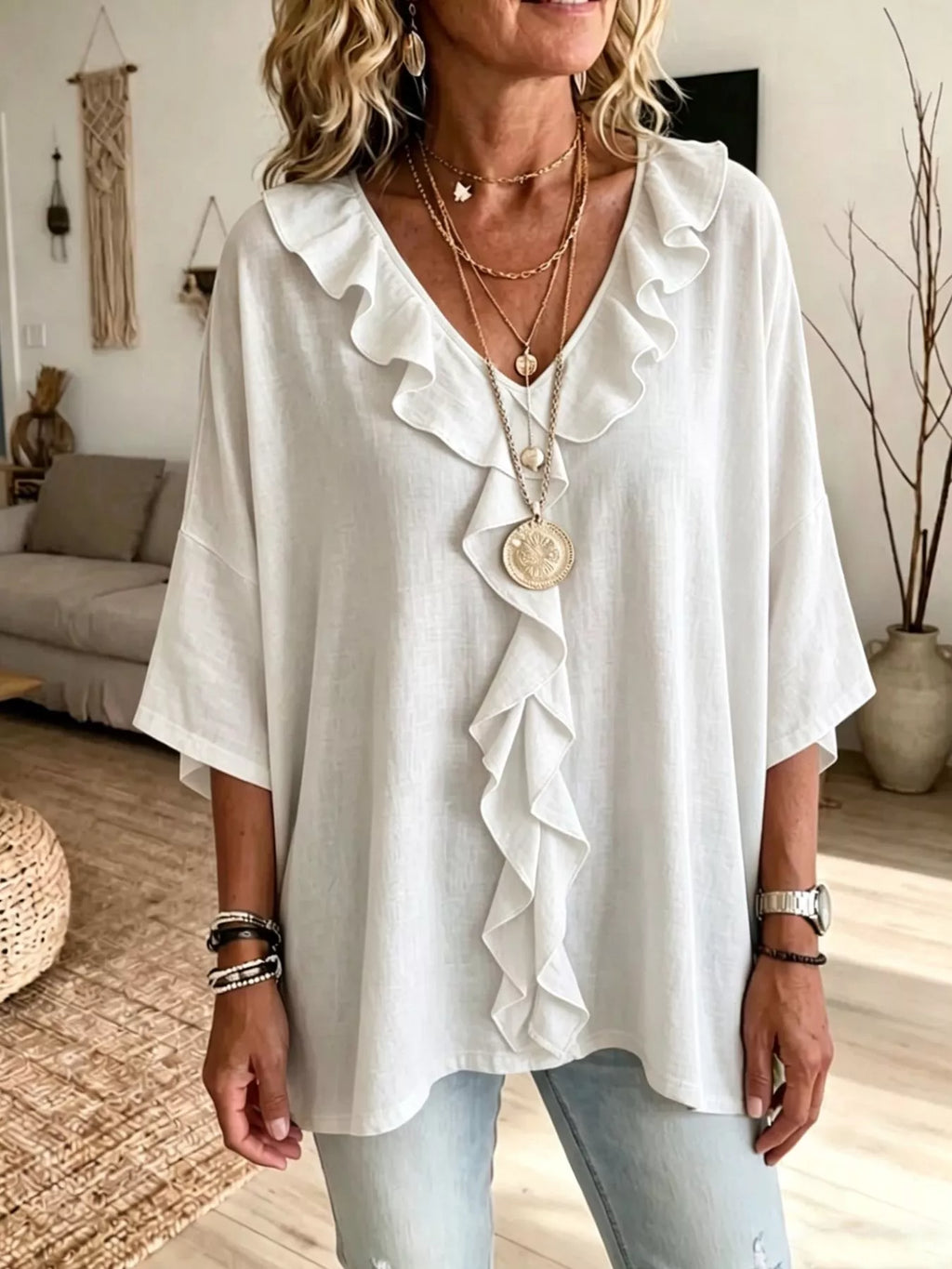 Full Size Ruffle V-neck 3/4 Sleeve Blouse Plus