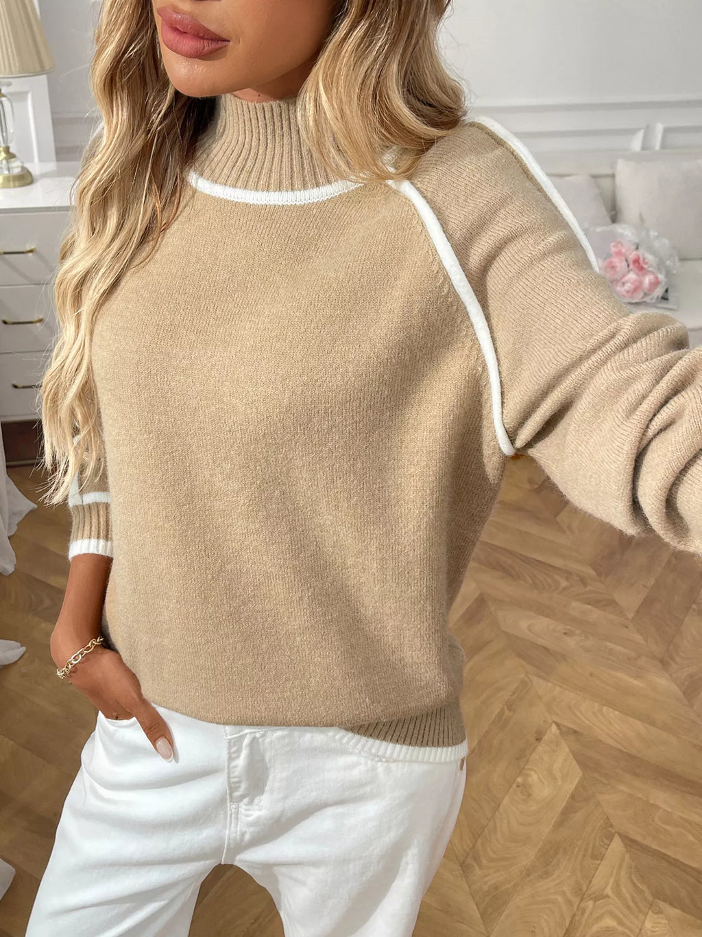 Contrast Trim Turtleneck Long Sleeve Sweater (8)