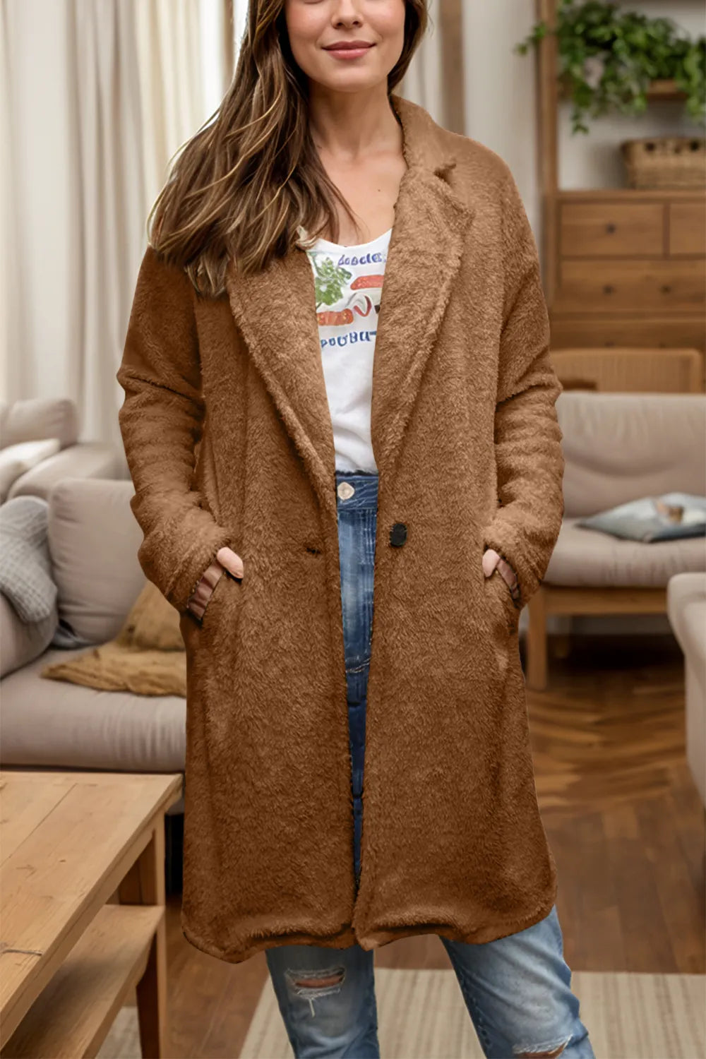 Full Size One Button Long Sleeve Longline Plush Coat (6)