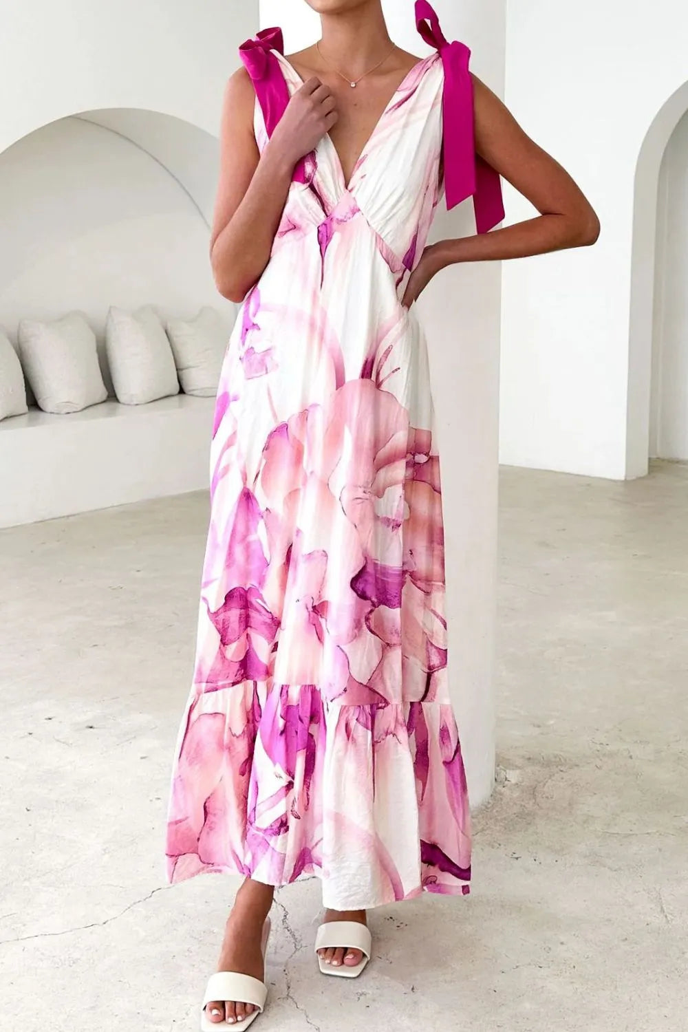 Printed V-neck Tie Shoulder Midi Cami Dress (18)