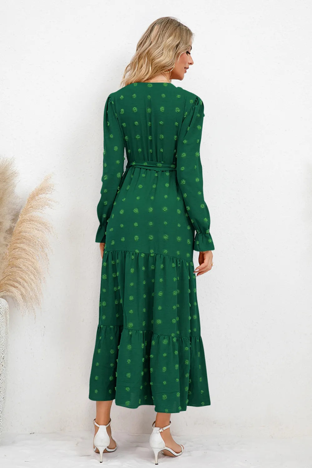 Swiss Dot Tied Surplice Flounce Sleeve Dress (2)