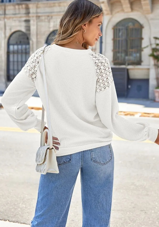 Lace Detail Round Neck Lantern Sleeve Top (4)