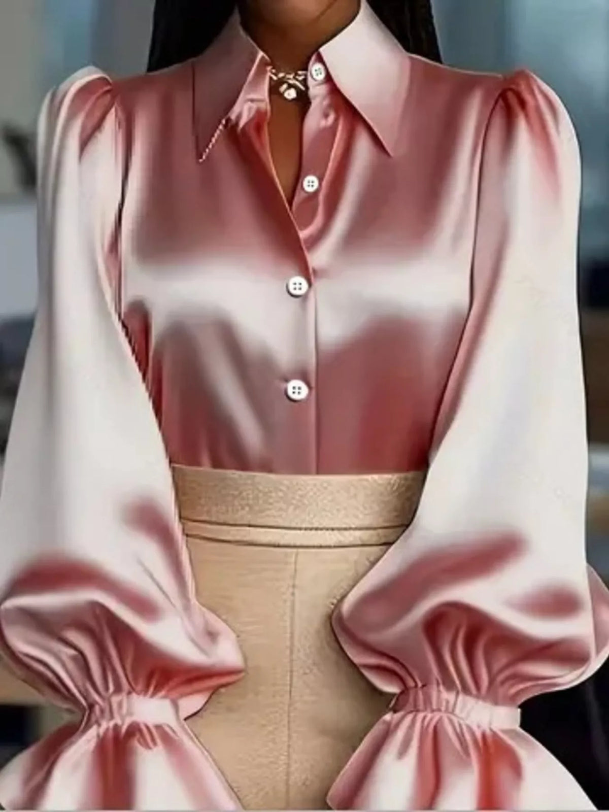 Satin Button Up Flounce Sleeve Shirt (8)