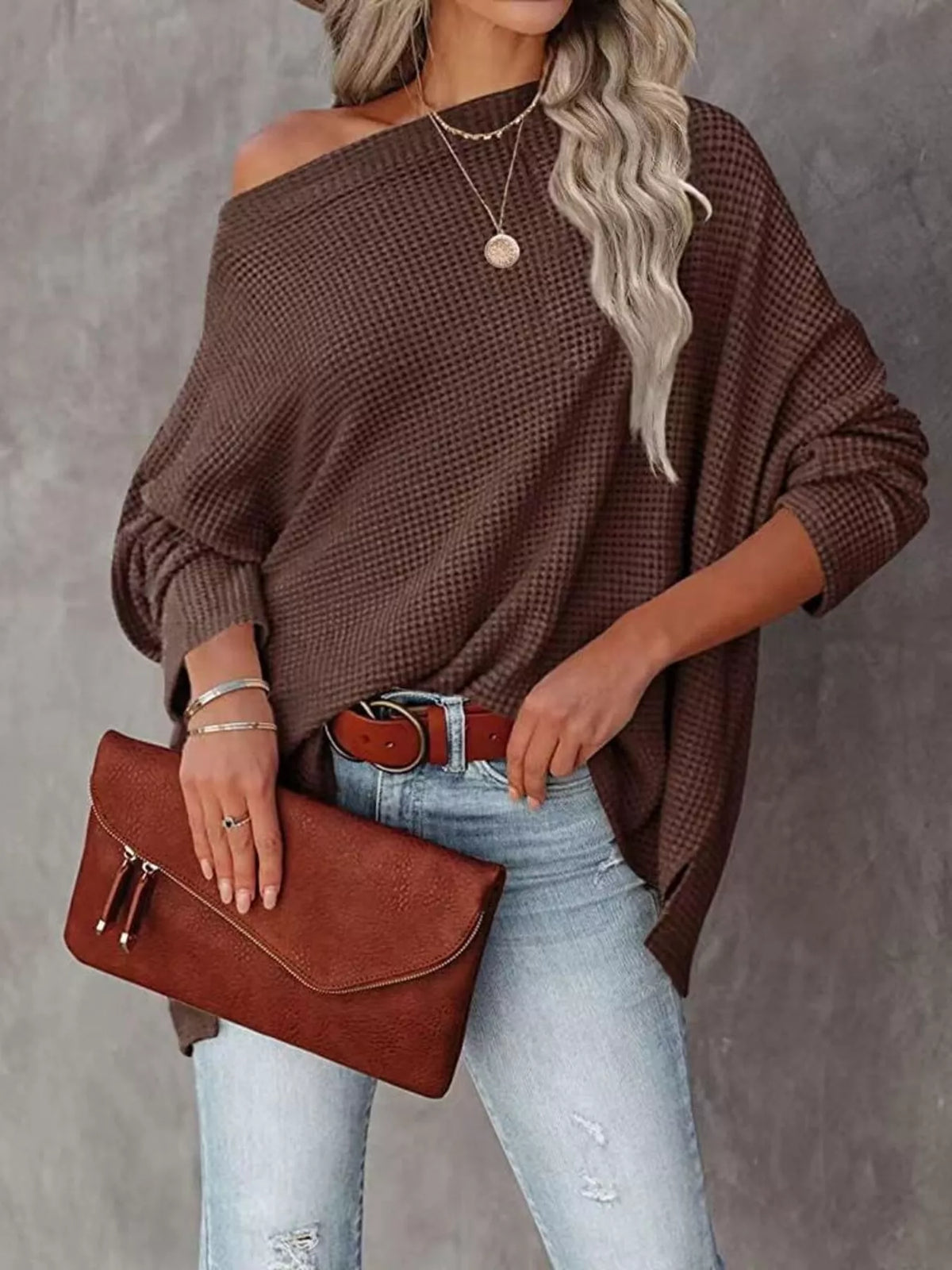 Waffle Knit Boat Neck T-shirt (12)