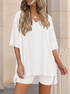 Full Size Casual Loose V-neck T-shirt Shorts Set Plus