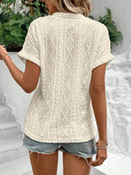Openwork Notched Short Sleeve Blouse (10)