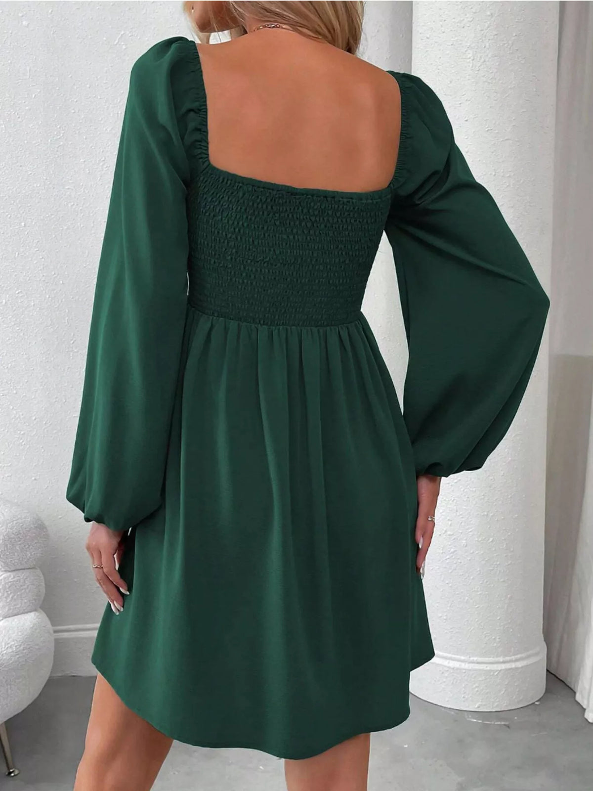 Ruched Square Neck Long Sleeve A-line Dress (3)