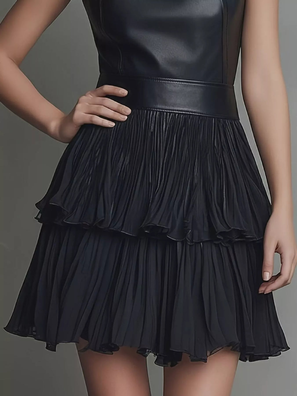 Sleeveless Faux Leather Layered Pleated Mini Dress (5)