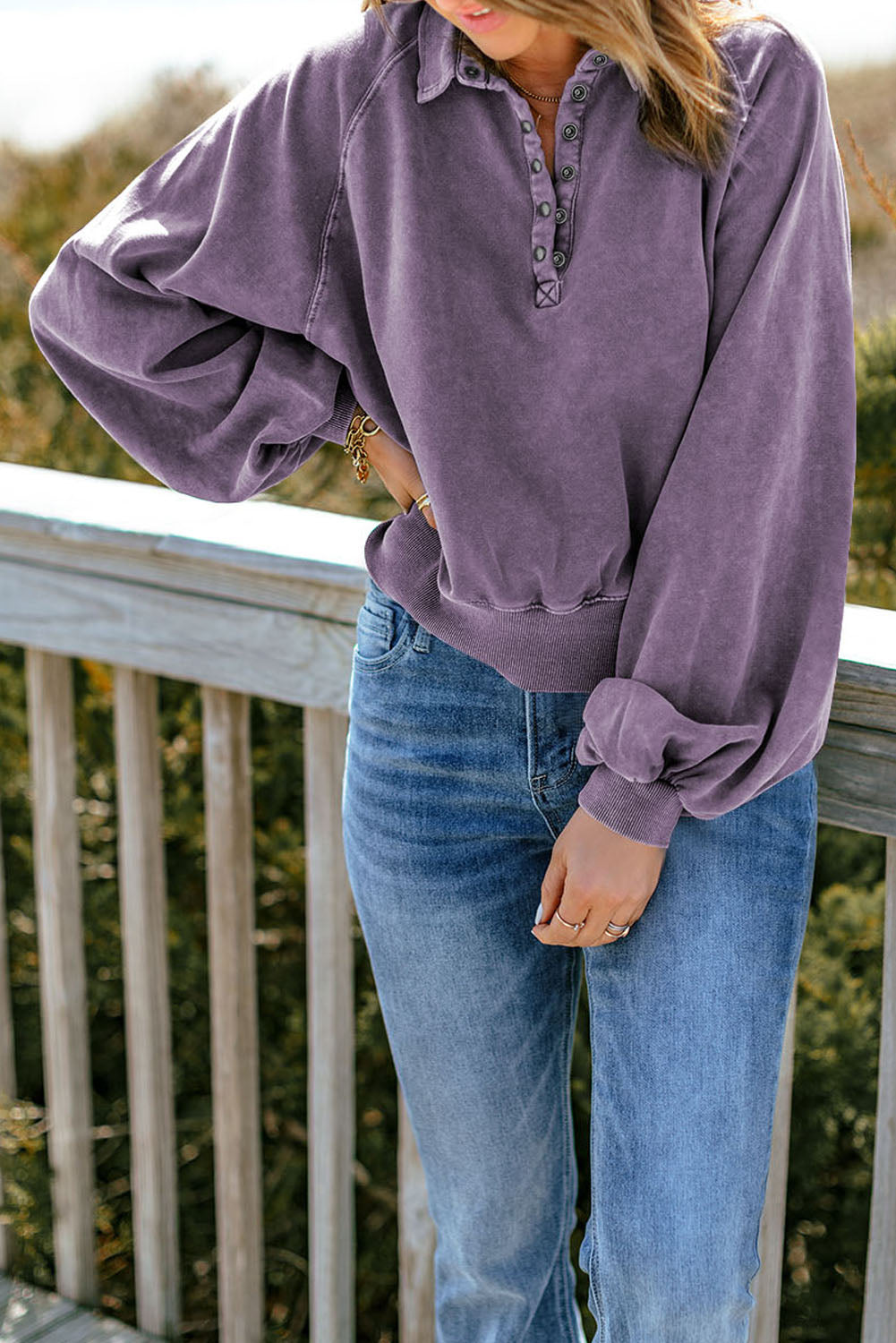 Quarter-snap Collared Lantern Sleeve Sweatshirt (5)