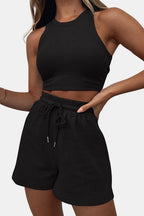 Round Neck Top Drawstring Shorts Set (2)