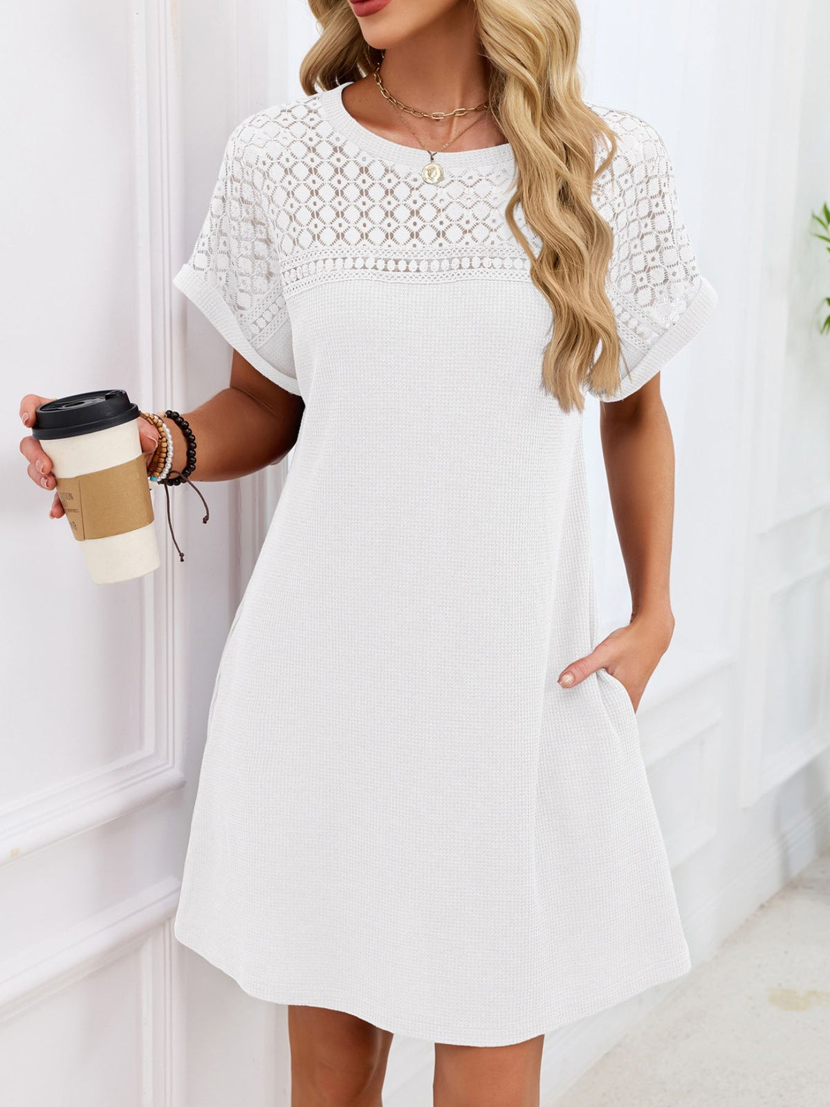 Lace Round Neck Short Sleeve T-shirt Dress (36)