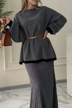 Contrast Trim Ribbed Knit Sweater Skirt Set