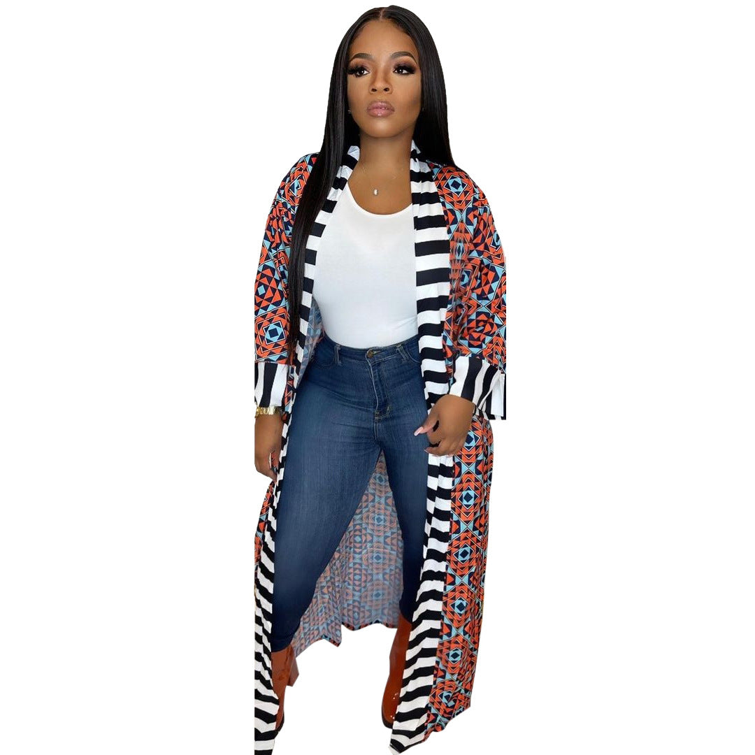 Casual Striped Pattern Printed Long Sleeve Coat Dress photo 2