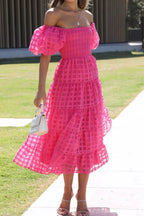 Off Shoulder Short Puff Sleeve Midi Dress (27)