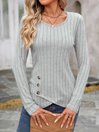 Decorative Button Round Neck Long Sleeve T-shirt (3)