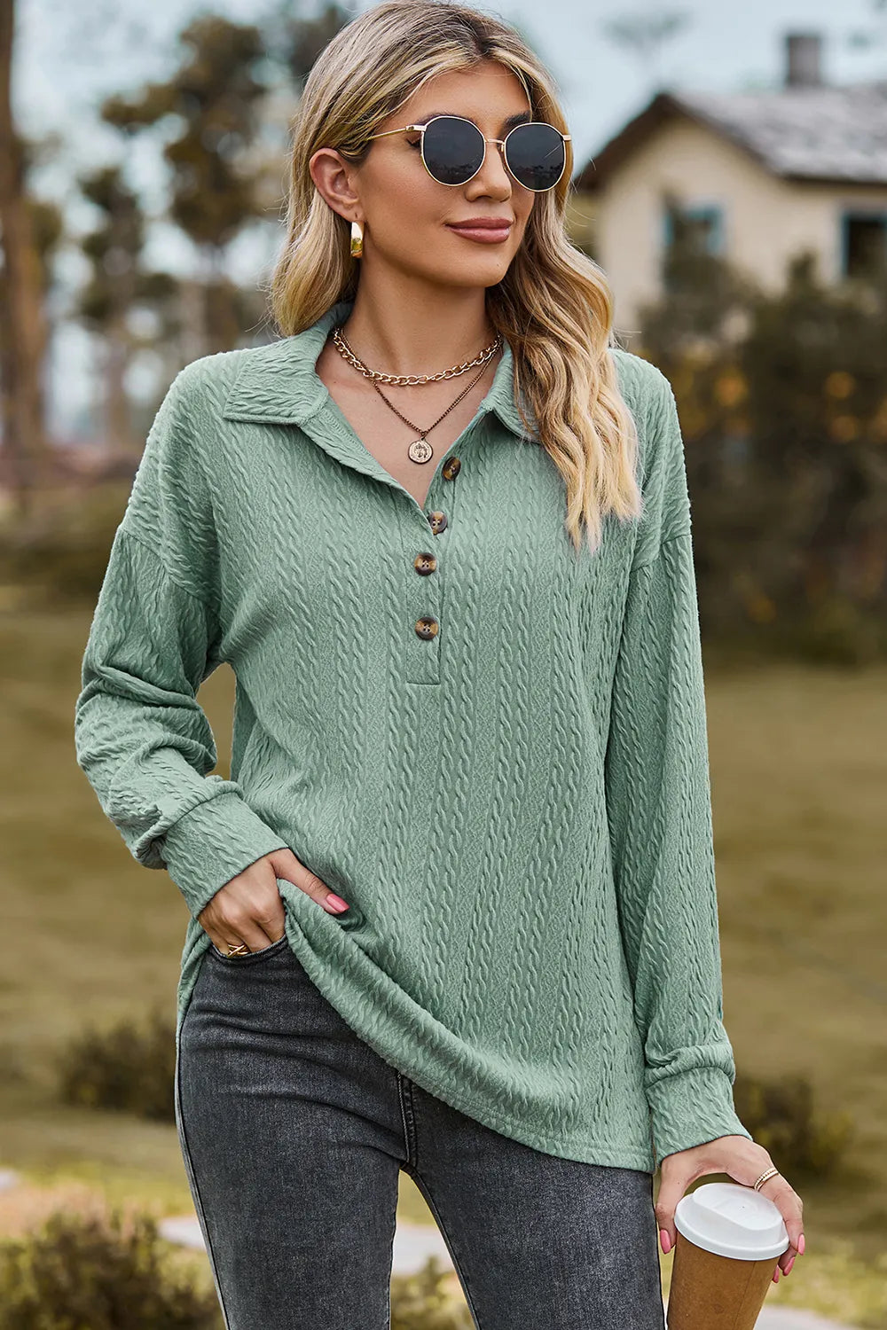 Half Button Dropped Shoulder Blouse (17)