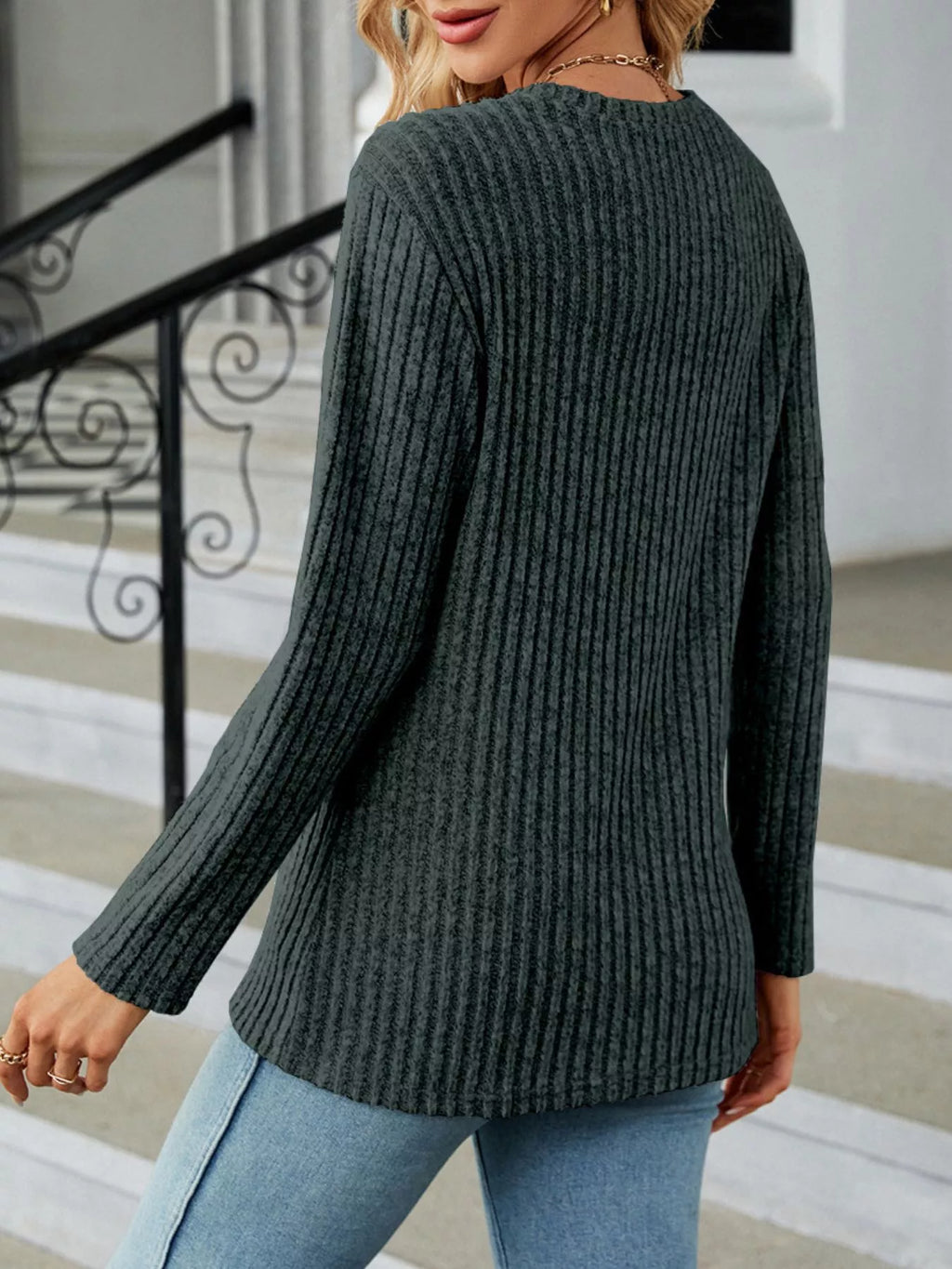 Ribbed Knit Decor Button T-shirt (14)