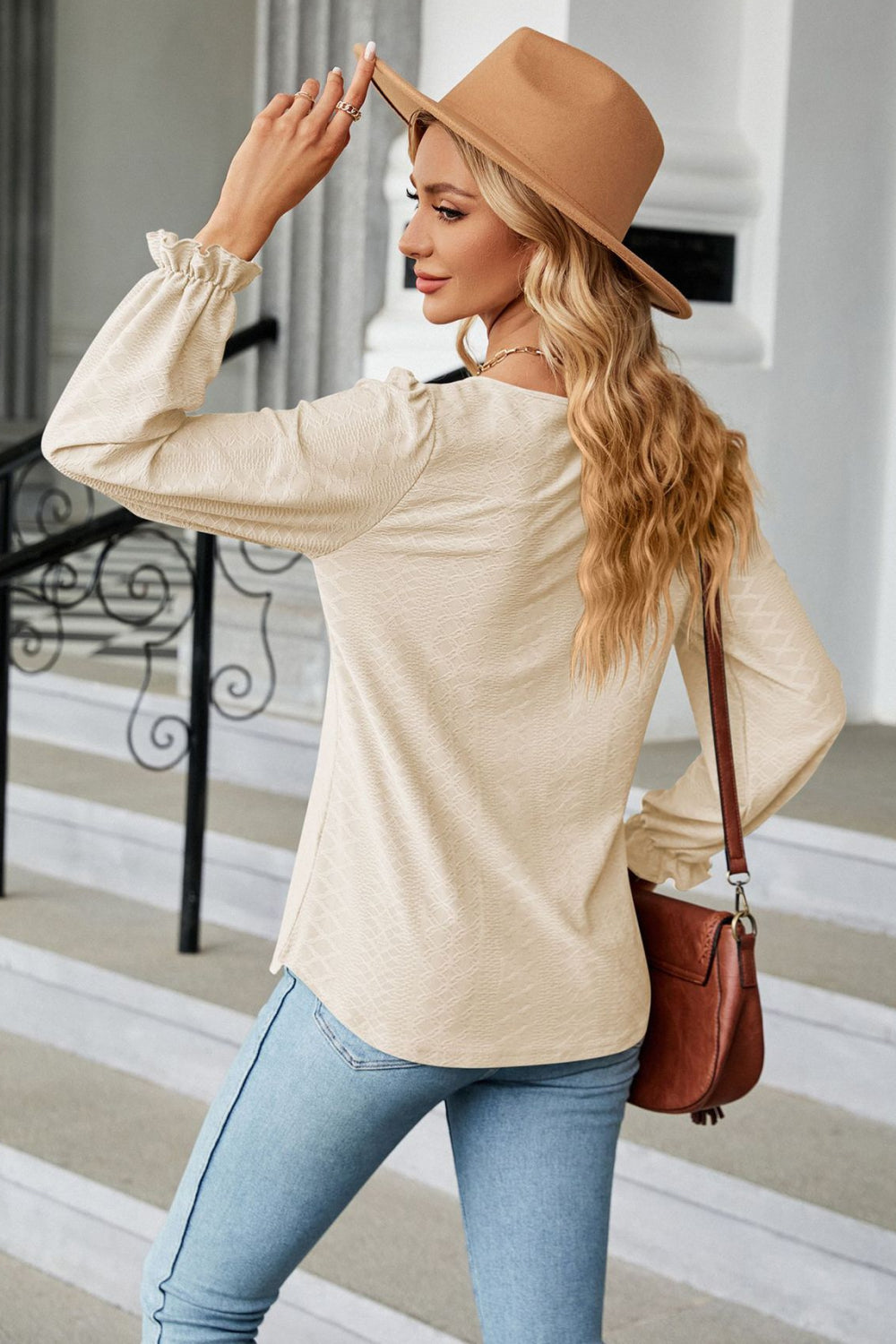 Round Neck Flounce Sleeve Blouse (12)
