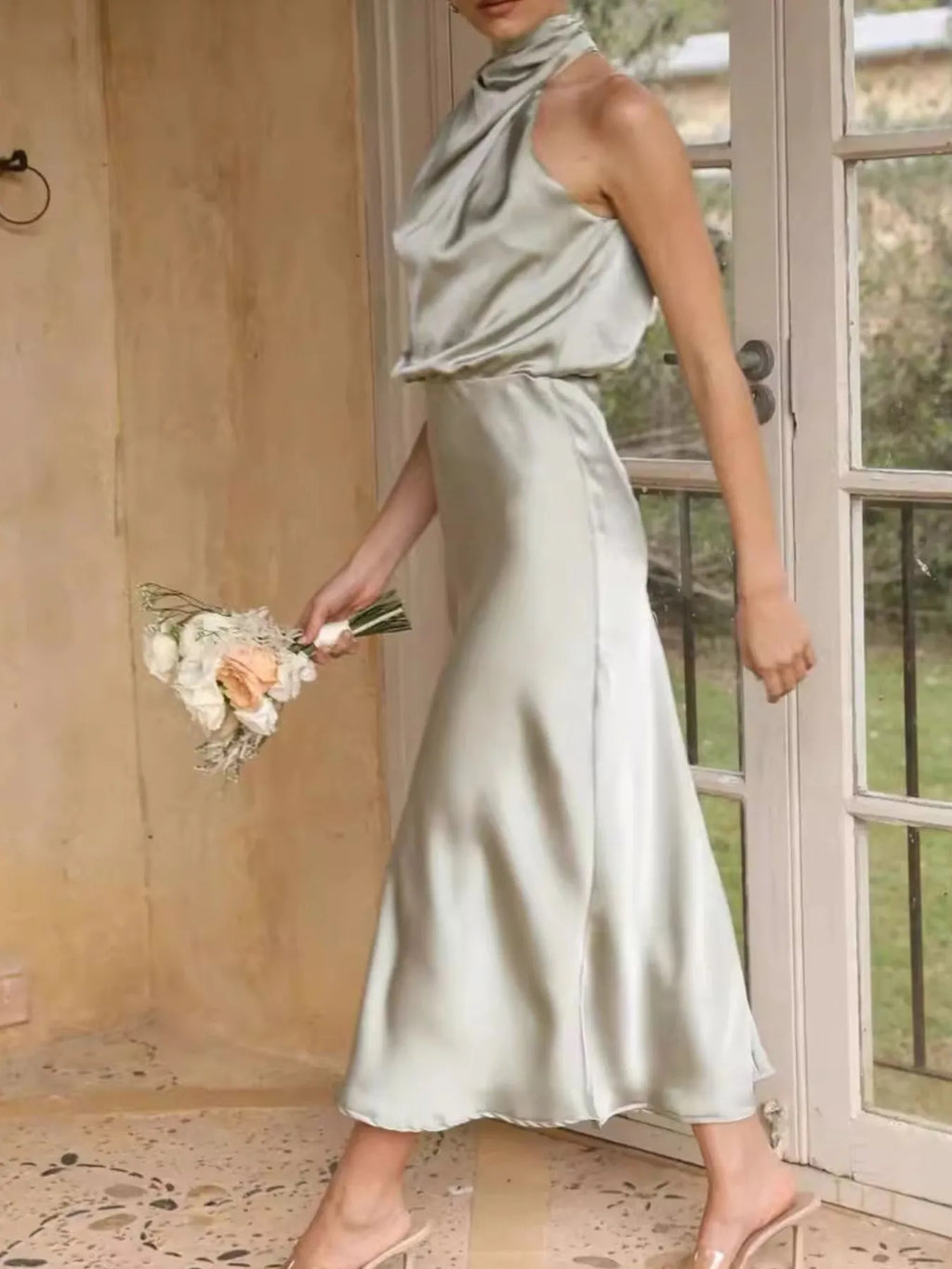 Asymmetrical Ruched Sleeveless Midi Dress (5)