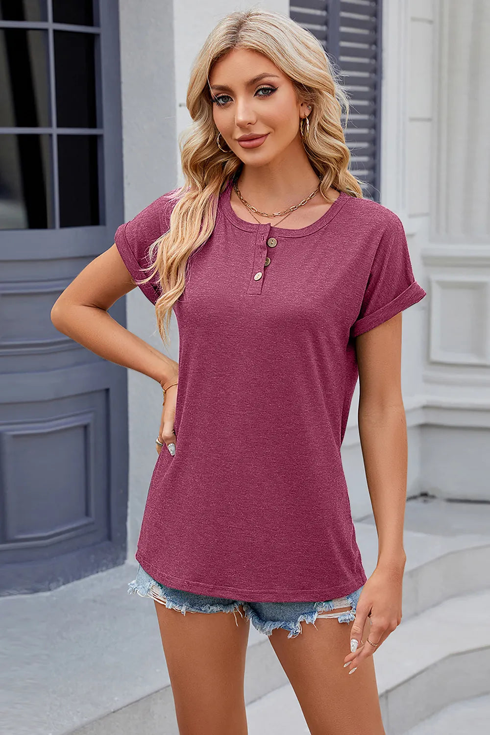 Round Neck Rolled Short Sleeve T-shirt (27)