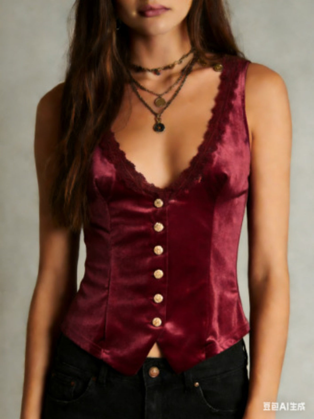Velvet Lace Trim Button-down Vest (12)