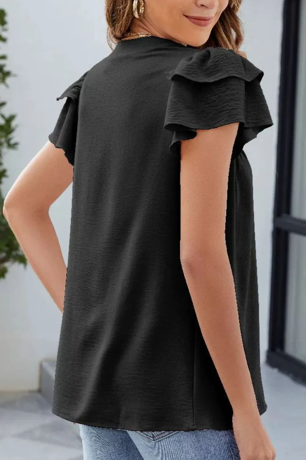Ruffled Notched Short Sleeve Blouse (13)