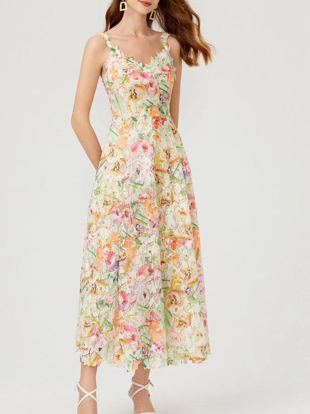 Floral Lace Sleeveless V-neck Midi Dress (2)