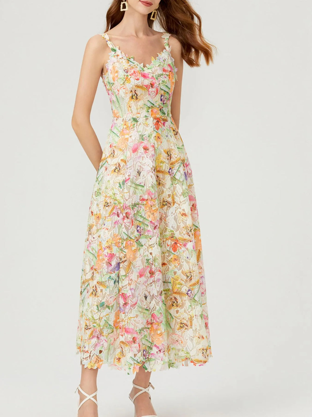 Floral Lace Sleeveless V-neck Midi Dress (2)