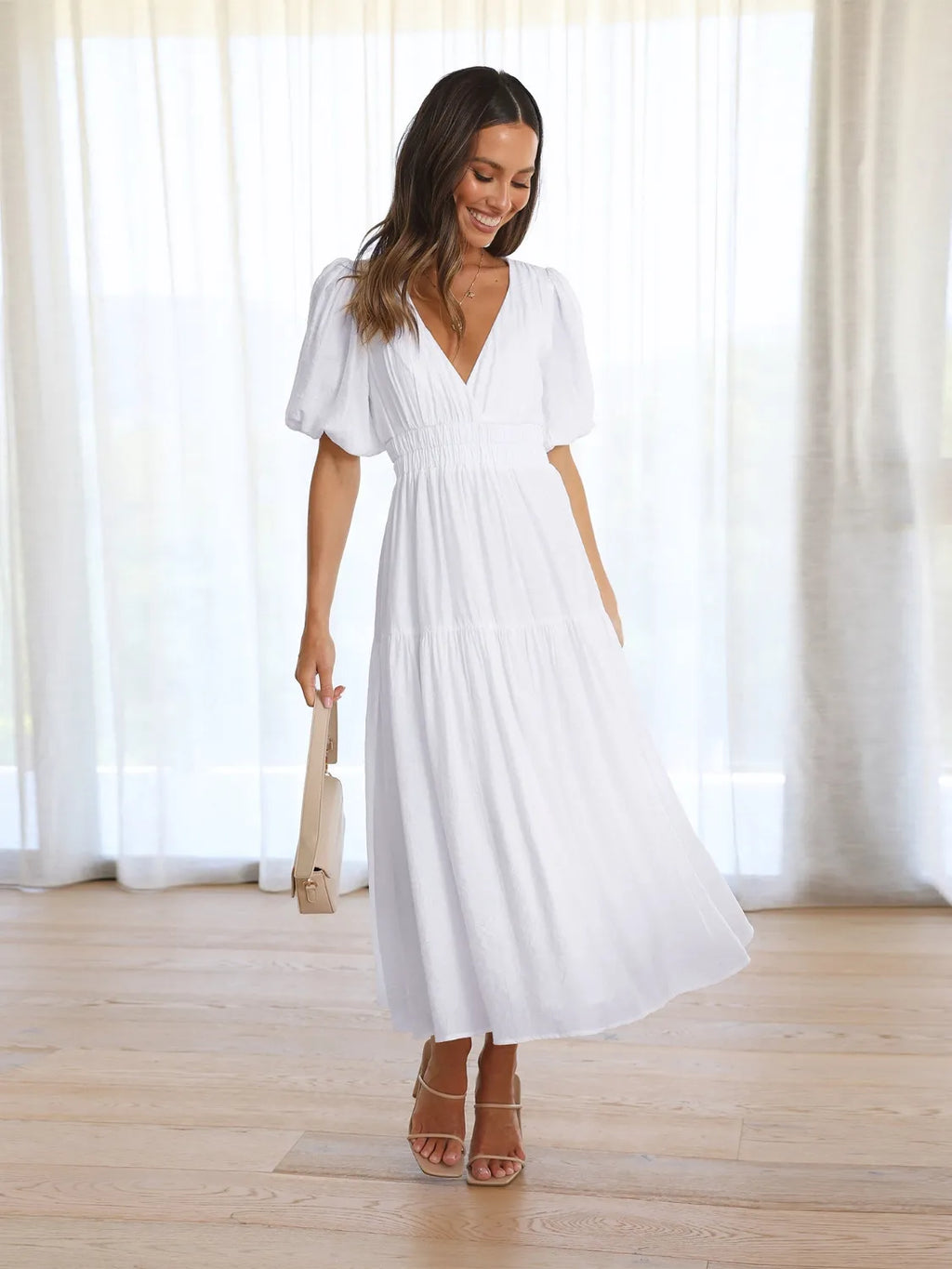 Surplice Half Puff Sleeve Midi Dress (8)