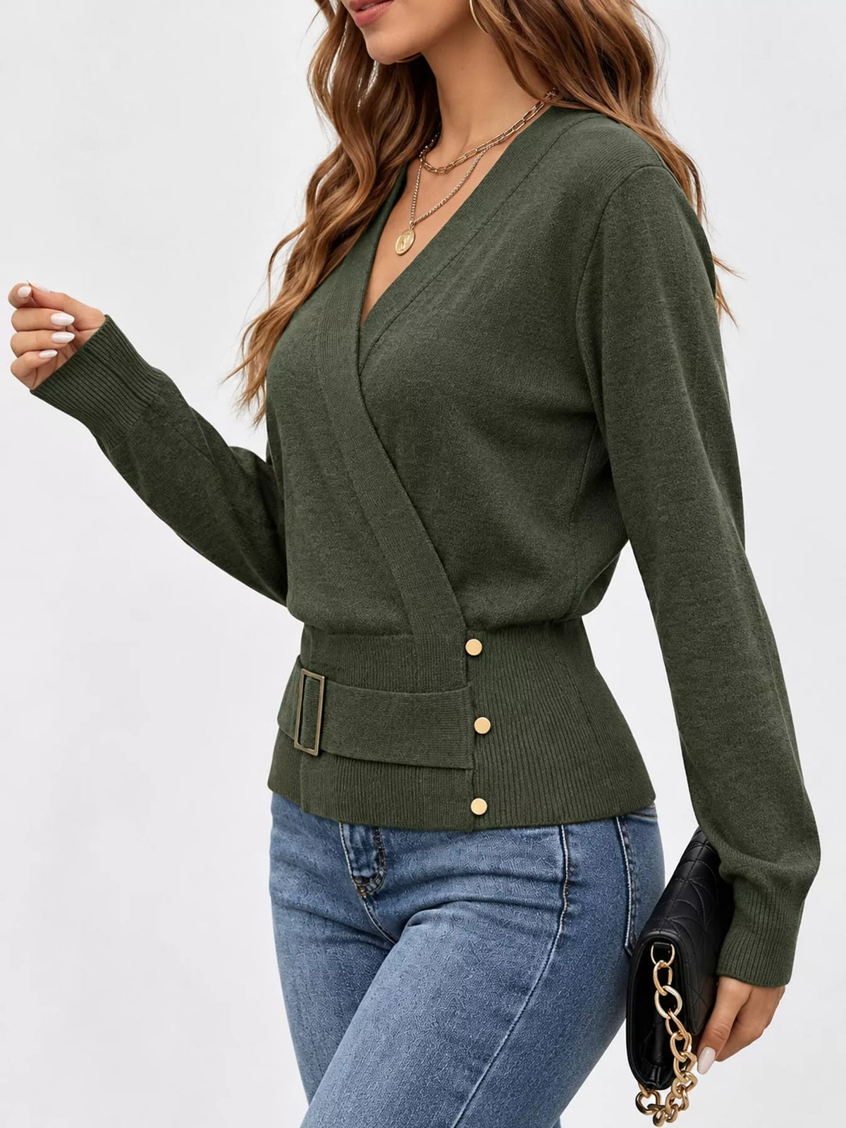 Surplice Elastic Waist Long Sleeve Knit Top (31)