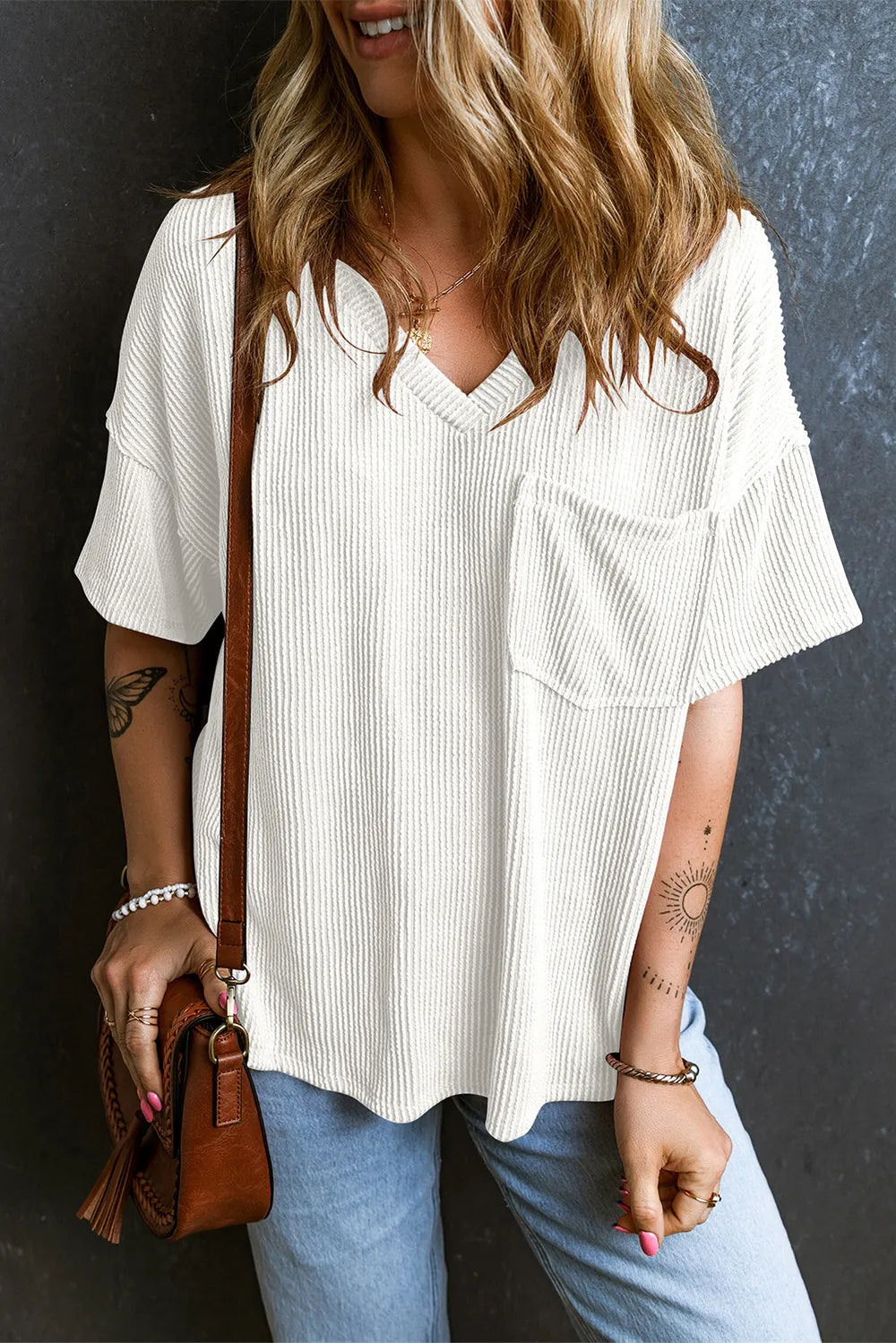 Textured V-neck Dropped Shoulder T-shirt (11)